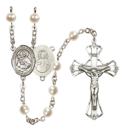 Silver Plated 6mm Cream, Imitation Pearl Our Lady of Mount Carmel Rosary with Pewter Centerpiece and Crucifix, Bliss Manufacturing