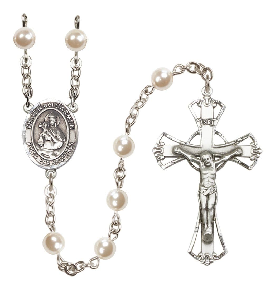 Bliss ilver Plated 6mm Cream, Imitation Pearl Virgen del Carmen Rosary,