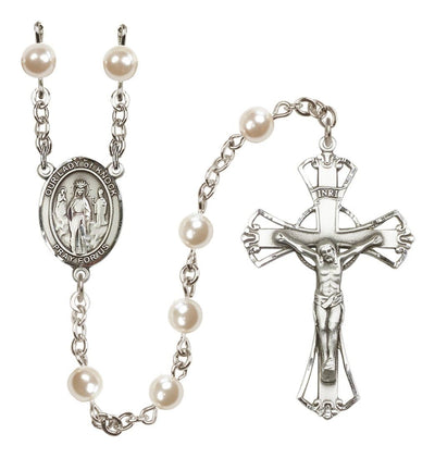 Silver Plated 6mm Cream, Imitation Pearl Our Lady of Knock Rosary with Pewter Centerpiece and Crucifix, Bliss Manufacturing