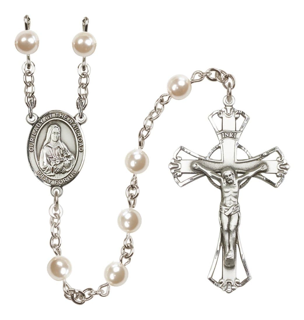 Bliss Silver Plated 6mm Cream, Imitation Pearl Our Lady of the Railroad Rosary,