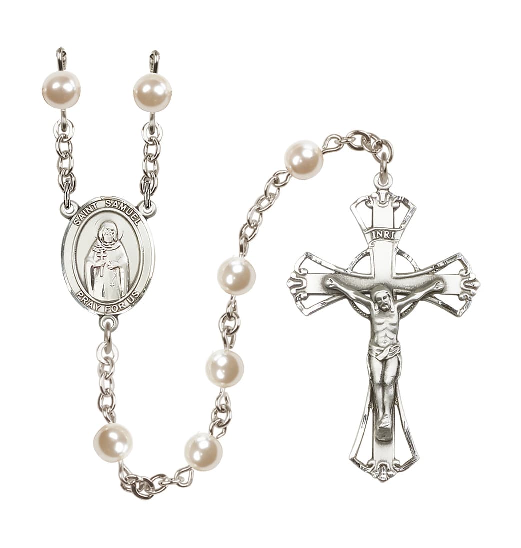 Bliss Silver Plated 6mm Cream, Imitation Pearl Saint Samuel Rosary,