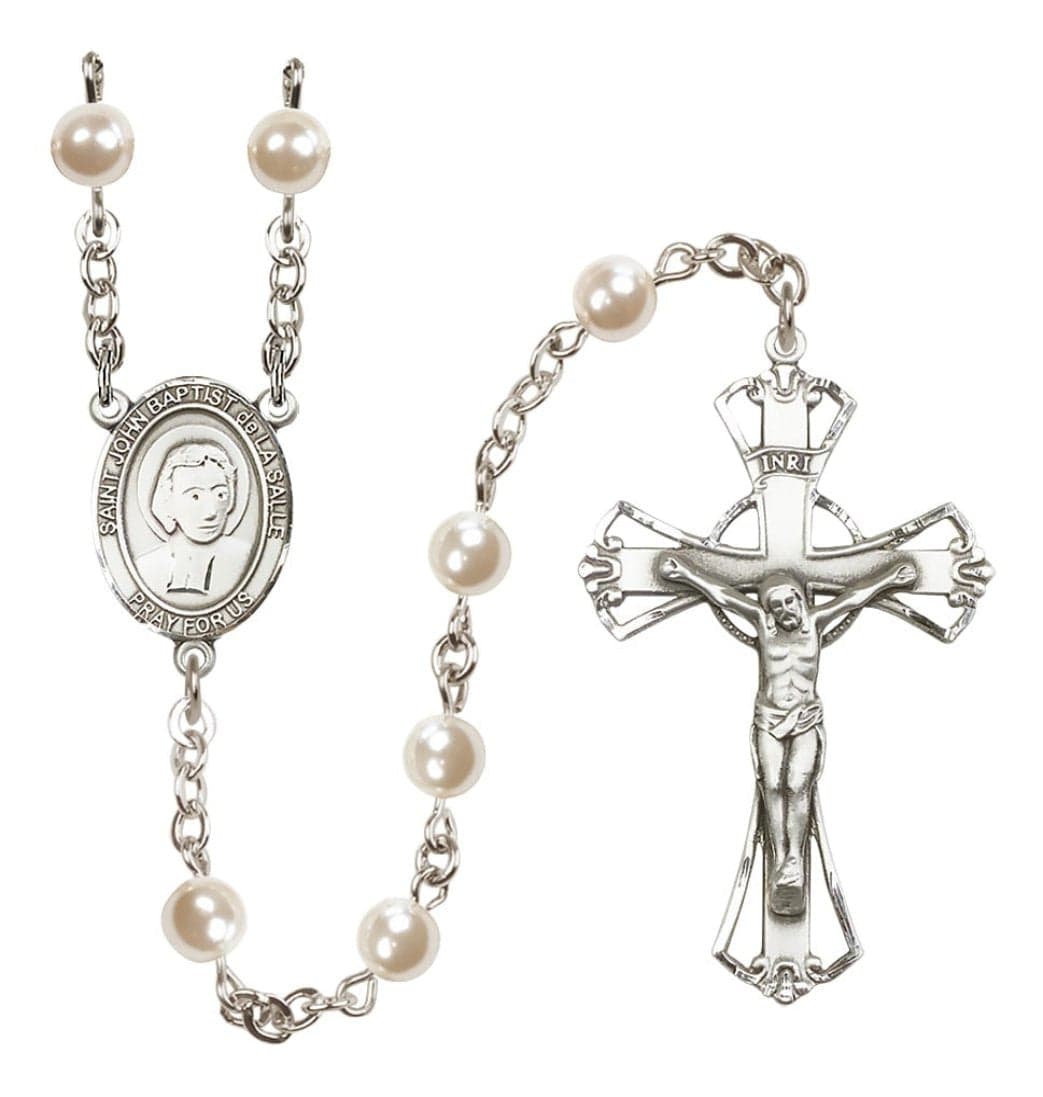 Bliss Silver Plated 6mm Cream, Imitation Pearl Saint John Baptist de la Salle Rosary,