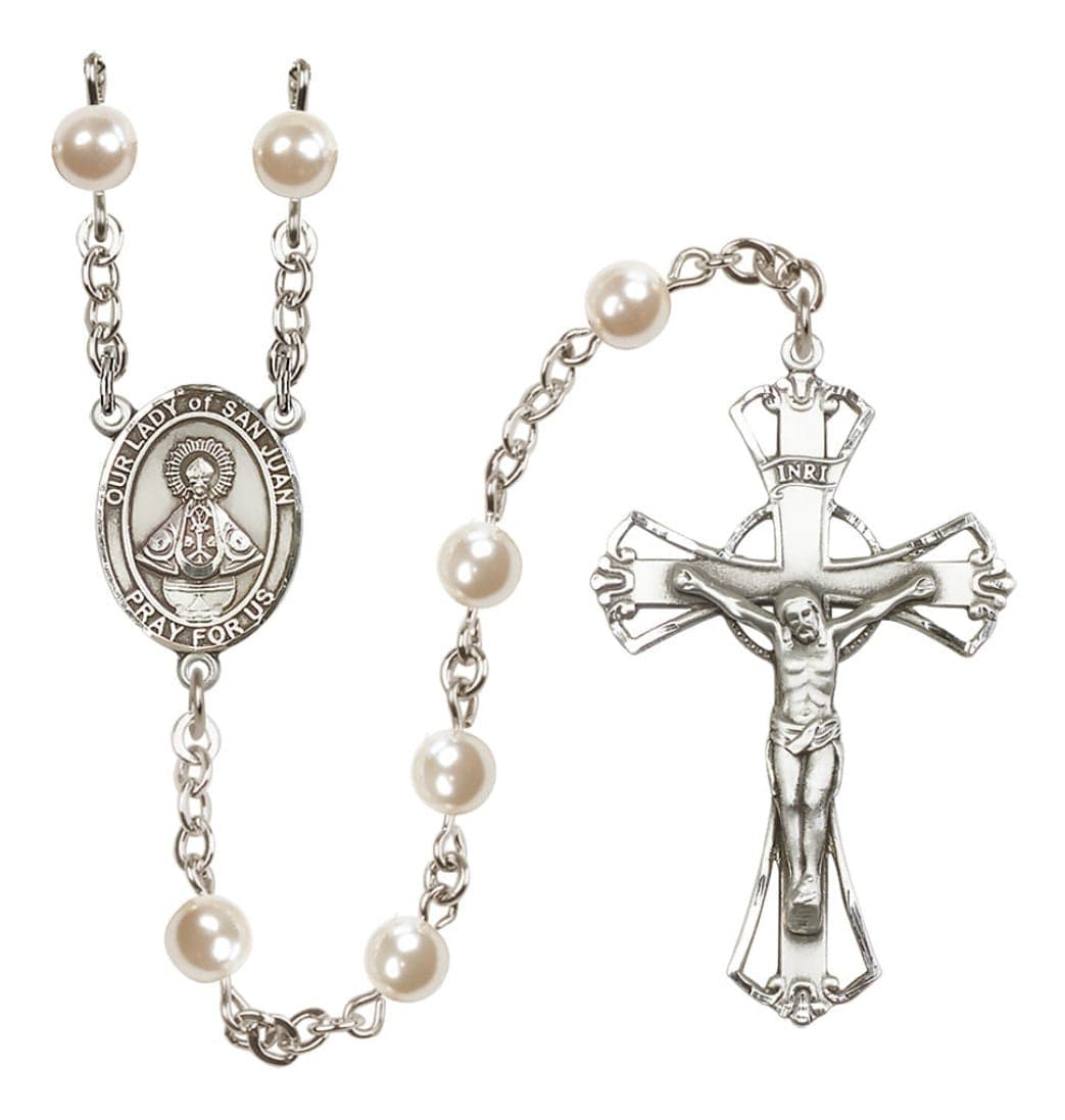 Bliss Silver Plated 6mm Cream, Imitation Pearl Our Lady of San Juan Rosary,