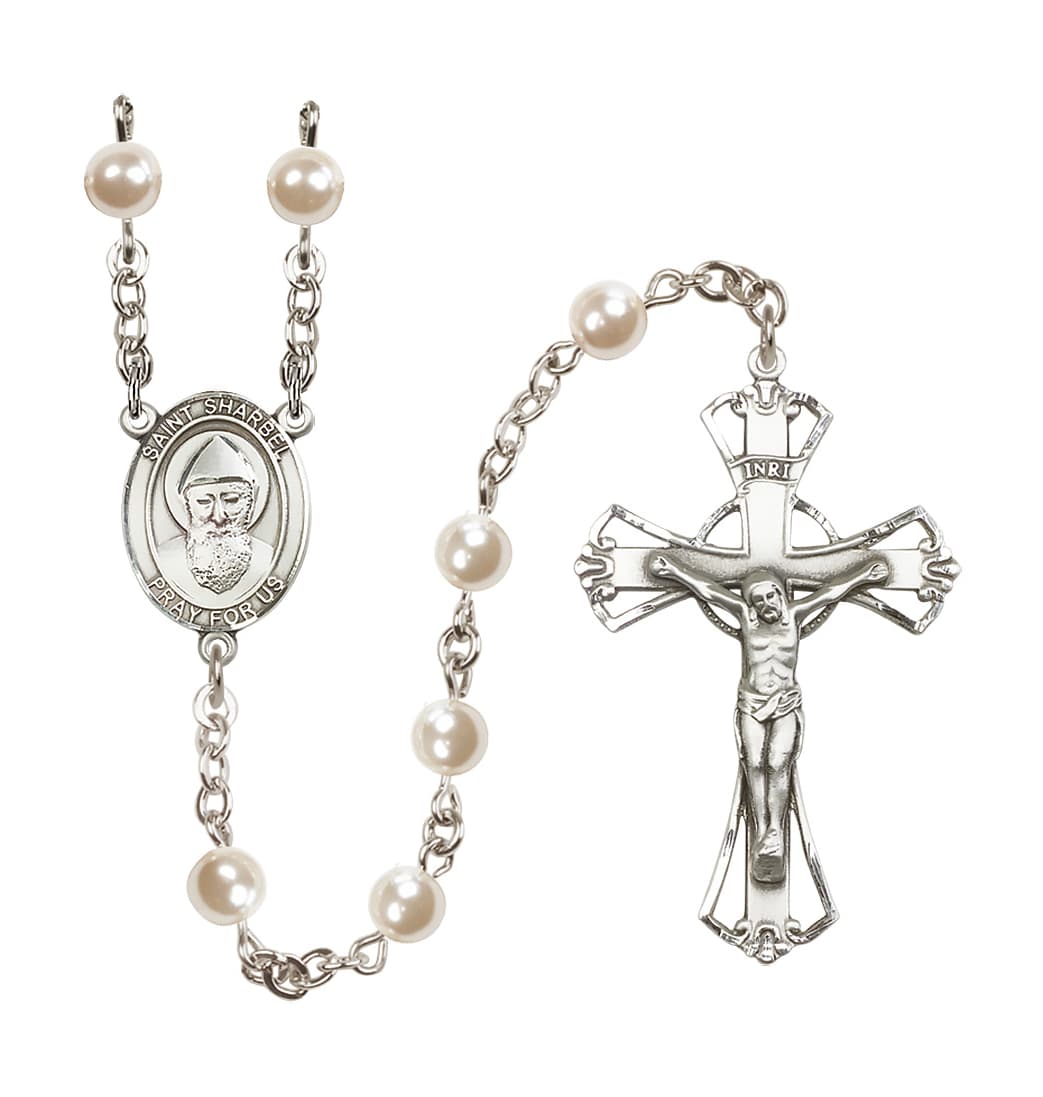 Bliss Silver Plated 6mm Cream, Imitation Pearl Saint Sharbel Rosary,