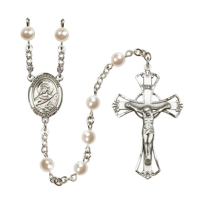 St. Perpetua 6mm Pearl Catholic Silver-plated Rosary with Pewter Centerpiece and Crucifix, Bliss Manufacturing
