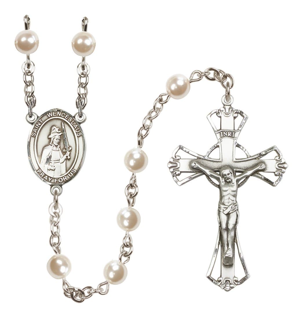 Bliss Silver Plated 6mm Cream, Imitation Pearl Saint Wenceslaus Rosary,