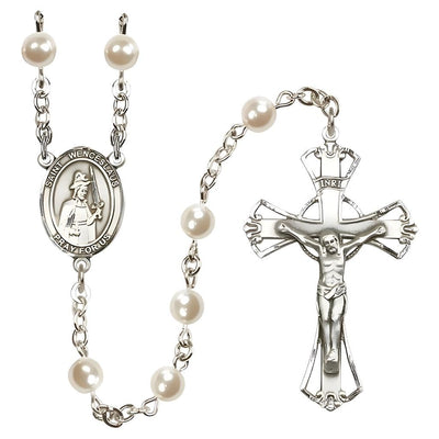 St. Wenceslaus 6mm Pearl Catholic Rosary with pewter centerpiece and crucifix, handmade in the USA, Bliss Manufacturing