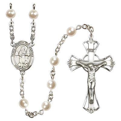 St. Isidore the Farmer 6mm Pearl Silver-plated Rosary with Pewter Centerpiece and Crucifix, Bliss Manufacturing