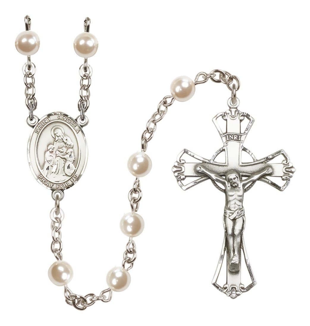 Silver Plated 6mm Cream, Imitation Pearl Saint Angela Merici Rosary