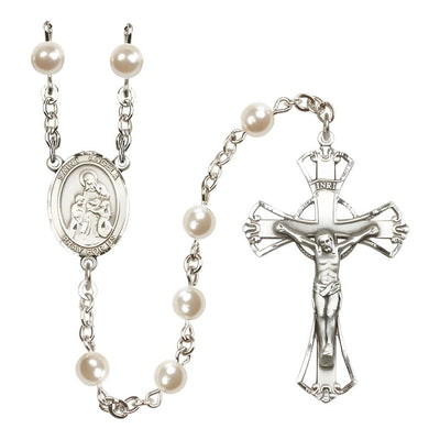 St. Angela Merici 6mm Pearl Catholic Rosary with Pewter Centerpiece and Crucifix, Bliss Manufacturing