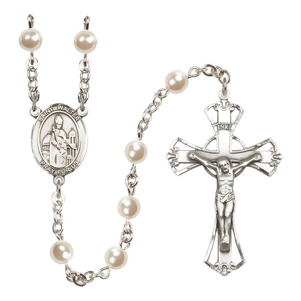 St. Walter of Pontnoise 6mm Pearl Catholic Rosary with pewter centerpiece and crucifix, handmade in the USA,