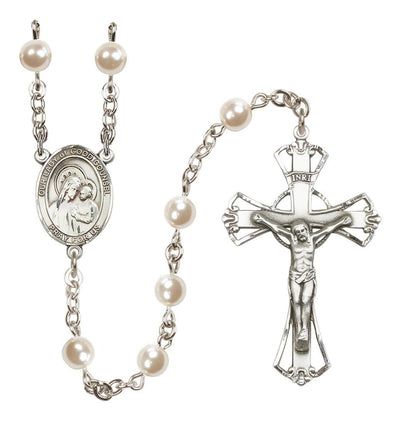 Silver Plated 6mm Cream, Imitation Pearl Our Lady of Good Counsel Rosary with Pewter Centerpiece and Crucifix, Bliss Manufacturing