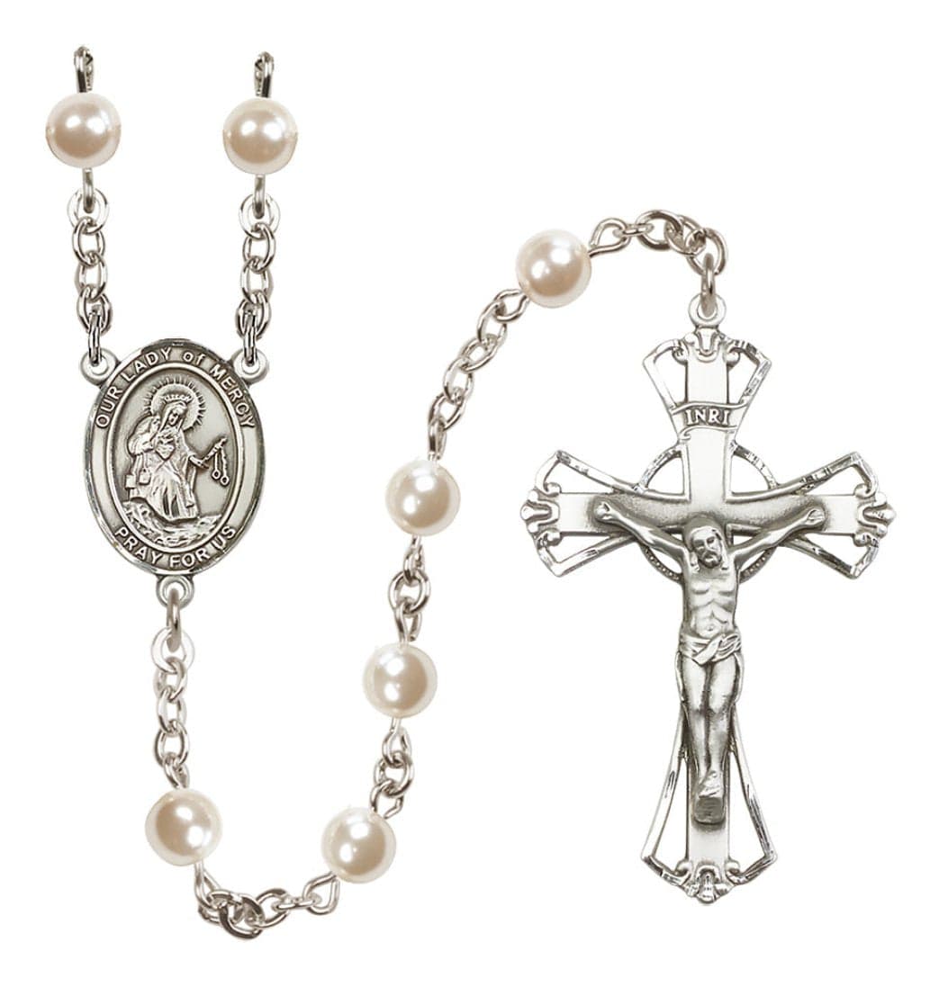 Bliss Silver Plated 6mm Cream, Imitation Pearl Our Lady of Mercy Rosary,