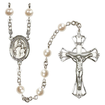 Our Lady of Consolation 6mm Faux Pearl Rosary, Gift Box, Pewter Crucifix and Centerpiece. Made in USA, Bliss Manufacturing