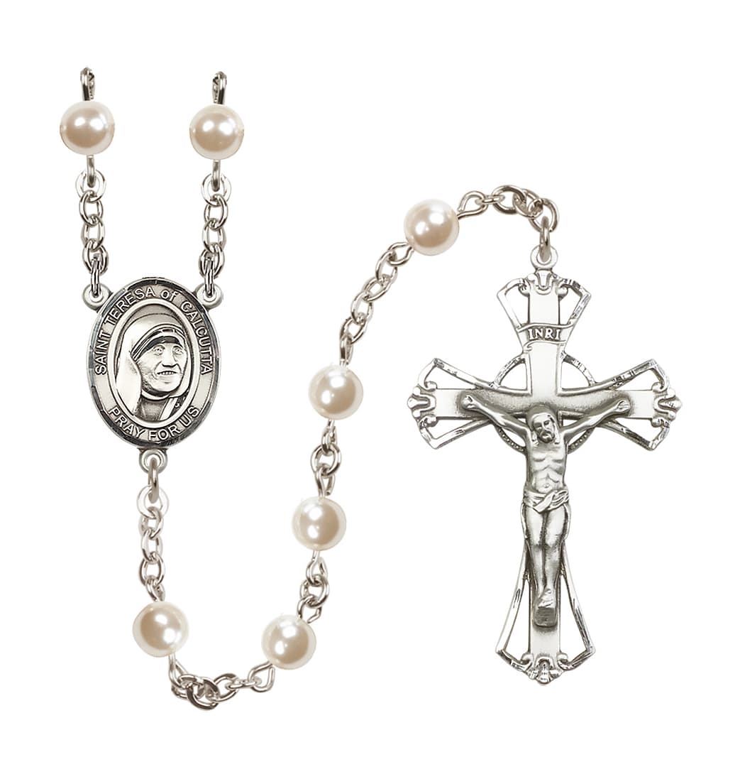 Bliss Manufacturing Silver Plated 6mm Cream, Imitation Pearl Saint Teresa of Calcutta Rosary,