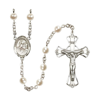 St. Lidwina of Schiedam 6mm Pearl Catholic Rosary with Pewter Centerpiece and Crucifix, Bliss Manufacturing
