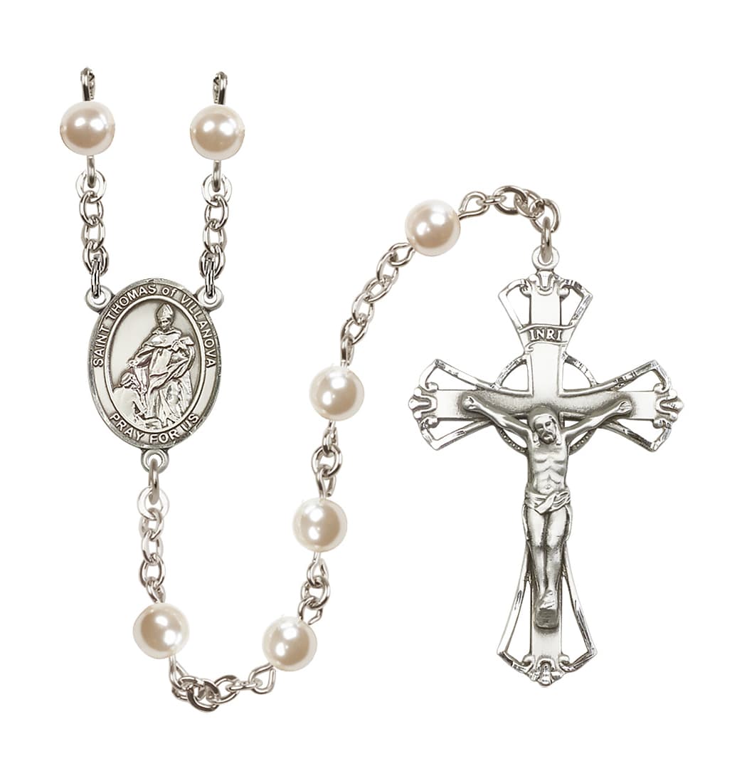 Bliss Silver Plated 6mm Cream, Imitation Pearl Saint Thomas of Villanova Rosary,