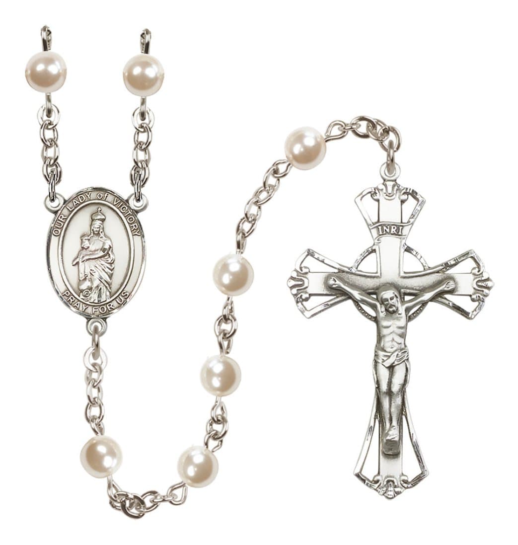 Bliss Silver Plated 6mm Cream, Imitation Pearl Our Lady of Victory Rosary,