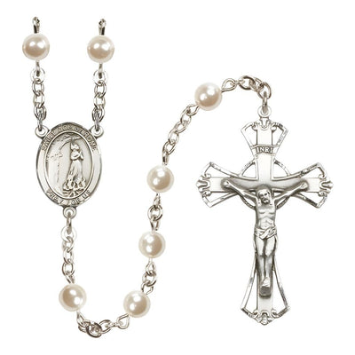 St Zoe of Rome 6mm Faux Pearl Bead Rosary with pewter centerpiece and crucifix, Bliss Manufacturing