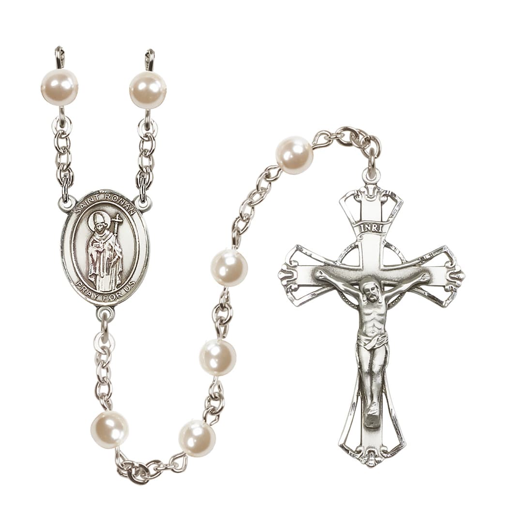 Bliss Silver Plated 6mm Cream, Imitation Pearl Saint Ronan Rosary,