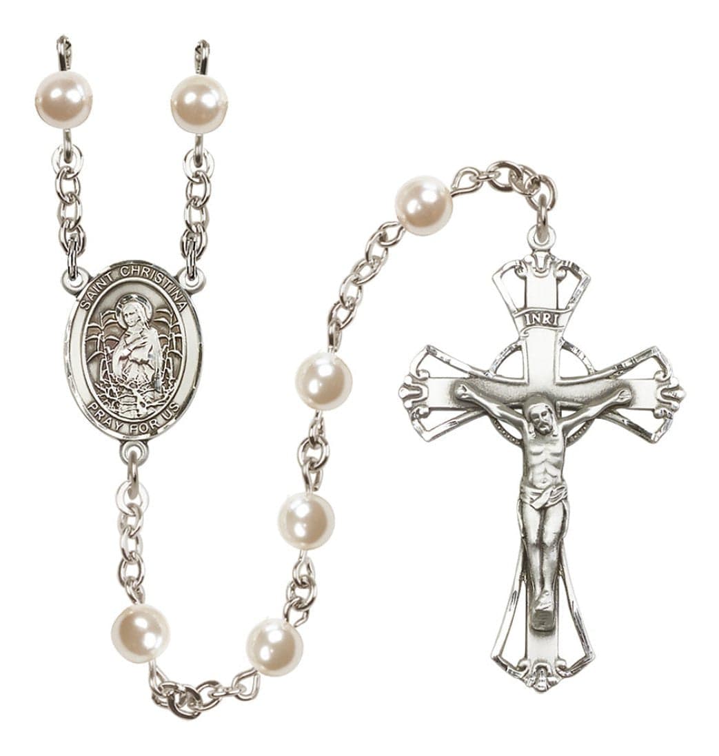 Bliss Silver Plated 6mm Cream, Imitation Pearl Saint Christina the Astonishing Rosary,