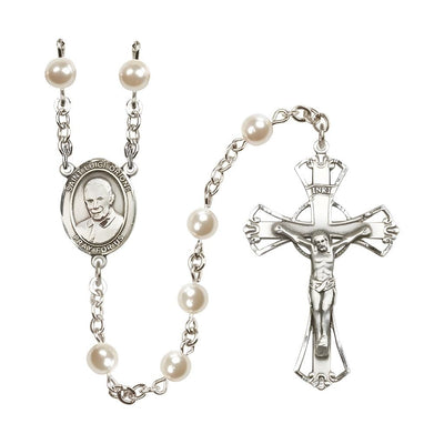 St Luigi Orione 6mm Faux Pearl Silver-plated Rosary with Pewter Centerpiece and Crucifix, Bliss Manufacturing