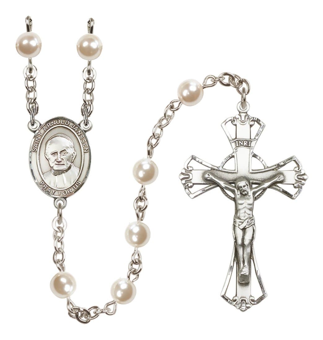 Bliss Silver Plated 6mm Cream, Imitation Pearl Saint Arnold Janssen Rosary