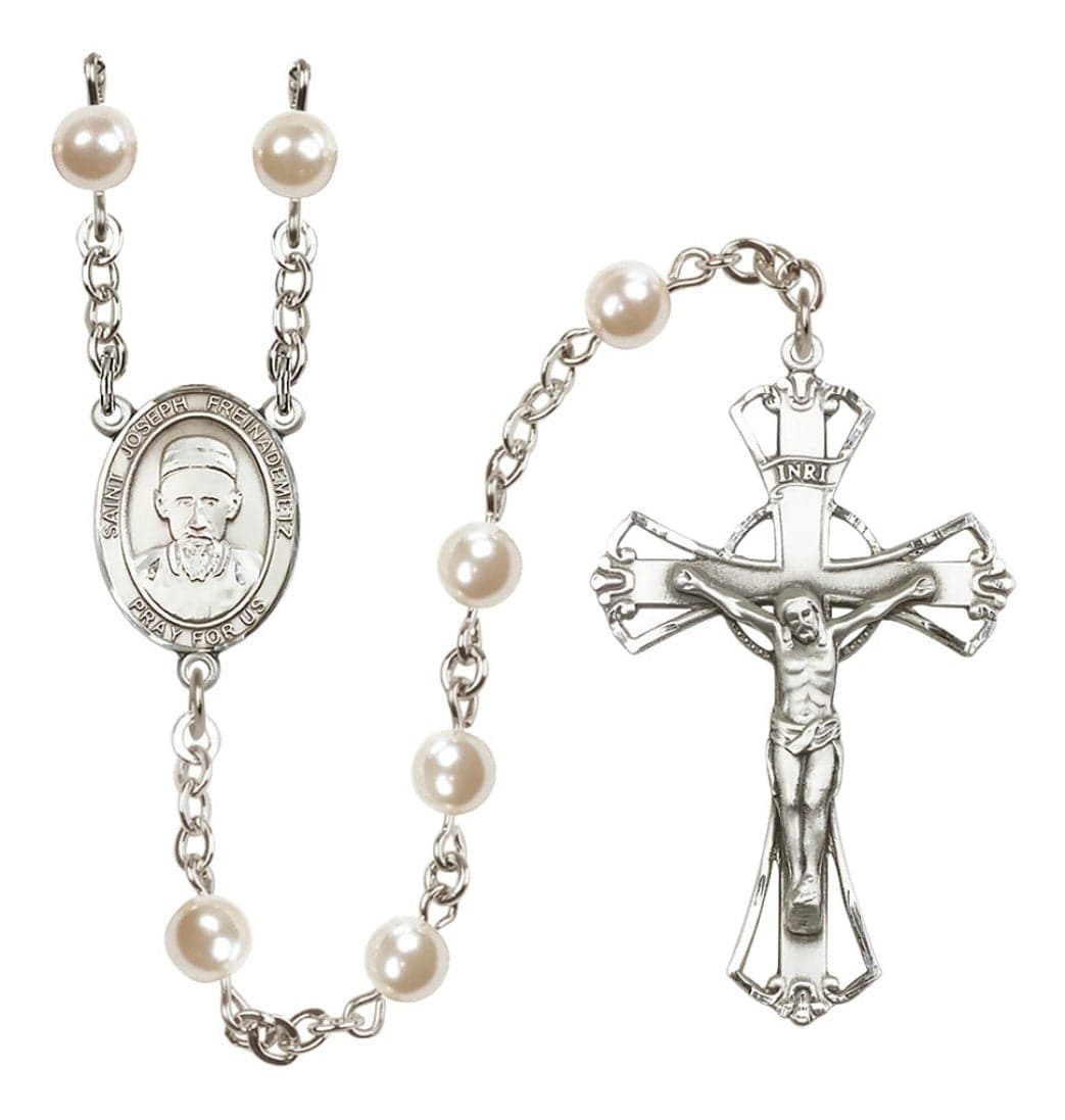 Bliss Silver Plated 6mm Cream, Imitation Pearl Saint Joseph Freinademetz Rosary,