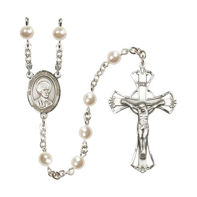 St. Louis Marie de Montfort 6mm Pearl Catholic Rosary with Pewter Centerpiece and Crucifix, Bliss Manufacturing