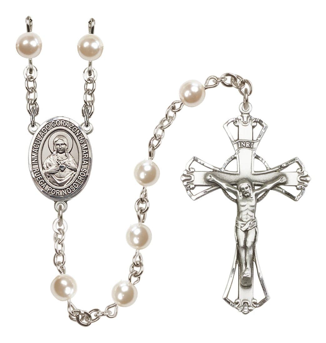 Bliss Silver Plated 6mm Cream, Imitation Pearl Corazon Inmaculado de Maria Rosary,