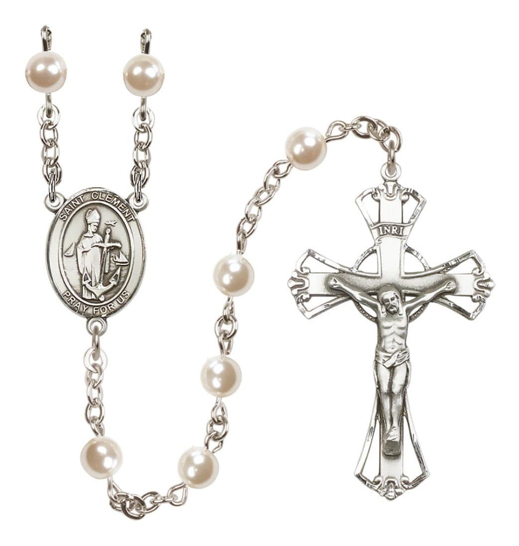 Bliss Silver Plated 6mm Cream, Imitation Pearl Saint Clement Rosary,