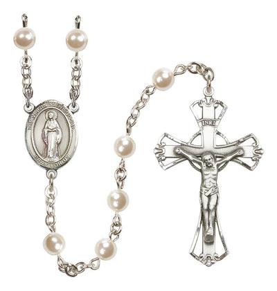 Silver Plated 6mm Cream, Imitation Pearl Virgin of the Globe Rosary with Pewter Centerpiece and Crucifix, Bliss Manufacturing