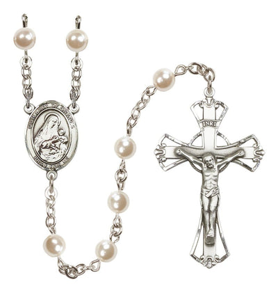 Silver Plated 6mm Cream, Imitation Pearl Our Lady of Grapes Rosary with Pewter Centerpiece and Crucifix, Bliss Manufacturing