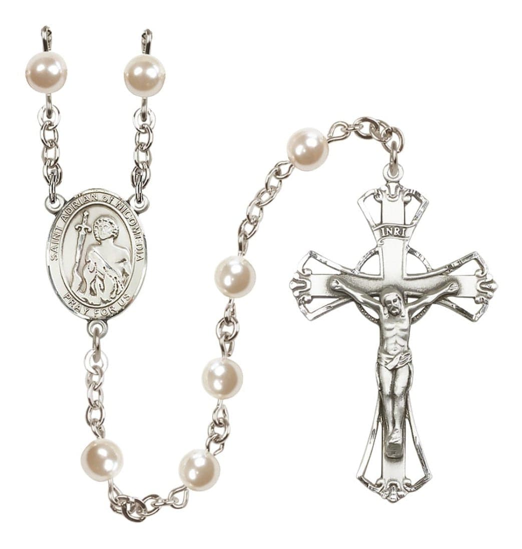 Bliss St Adrian of Nicomedia 6mm Faux Pearl Silver-plated Rosary,