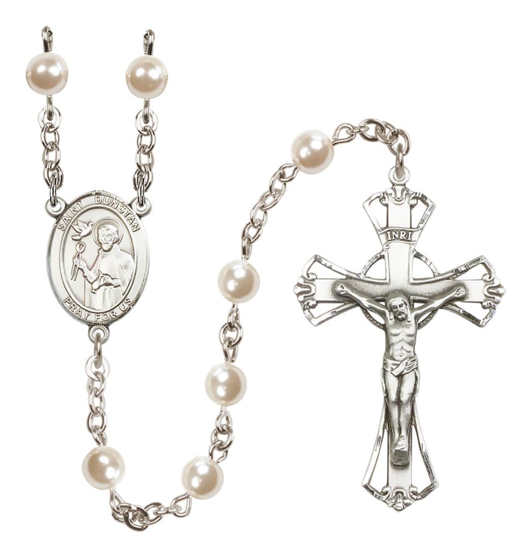 Bliss Silver Plated 6mm Cream, Imitation Pearl Saint Dunstan Rosary,