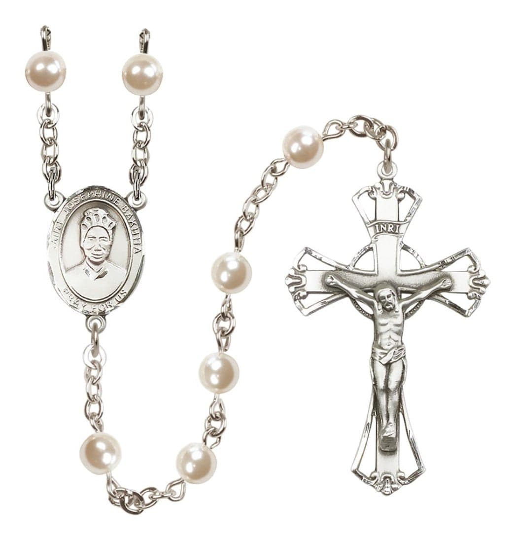 Bliss Silver Plated 6mm Cream, Imitation Pearl Saint Josephine Bakhita Rosary,