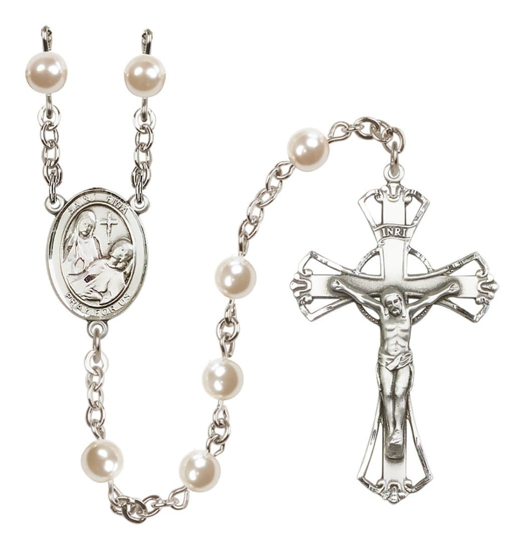 Bliss Silver Plated 6mm Cream, Imitation Pearl Saint Fina Rosary,