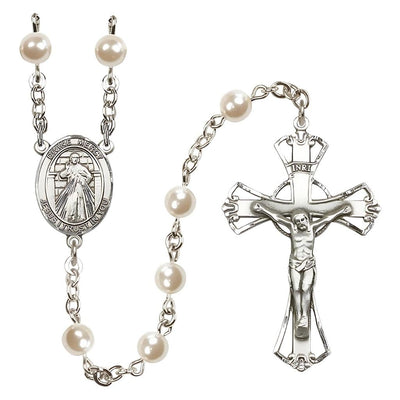 Jesus Divine Mercy 6mm Pearl Catholic Rosary with Pewter Centerpiece and Crucifix, Bliss Manufacturing