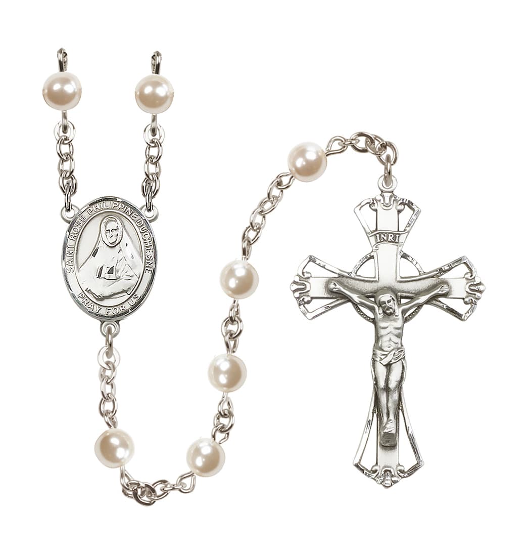 Bliss Silver Plated 6mm Cream, Imitation Pearl Saint Rose Philippine Duchesne Rosary,