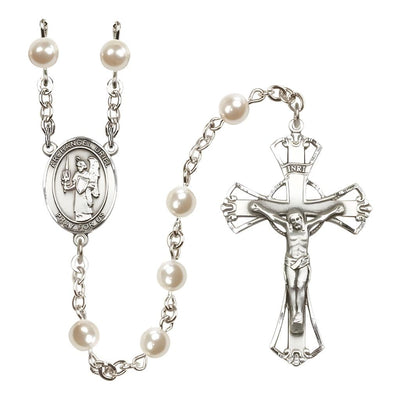 St. Uriel the Archangel 6mm Pearl Catholic Rosary with pewter centerpiece and crucifix, handmade in the USA, Bliss Manufacturing