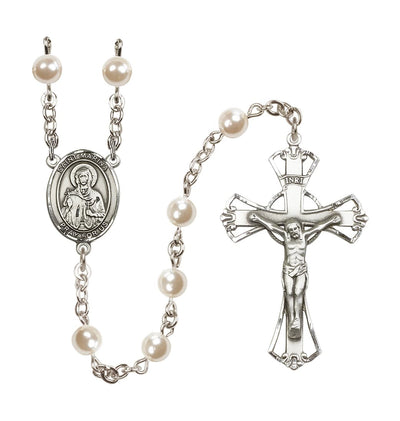 St Marina 6mm Faux Pearl Bead Rosary, silver-plated, Bliss Manufacturing