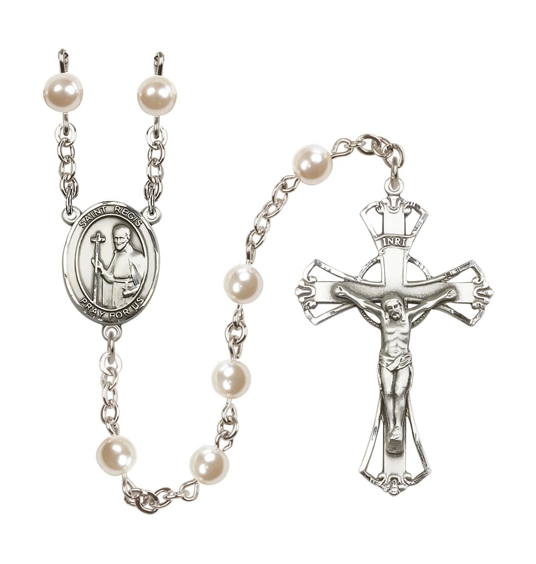 Bliss Silver Plated 6mm Cream, Imitation Pearl Saint Regis Rosary,