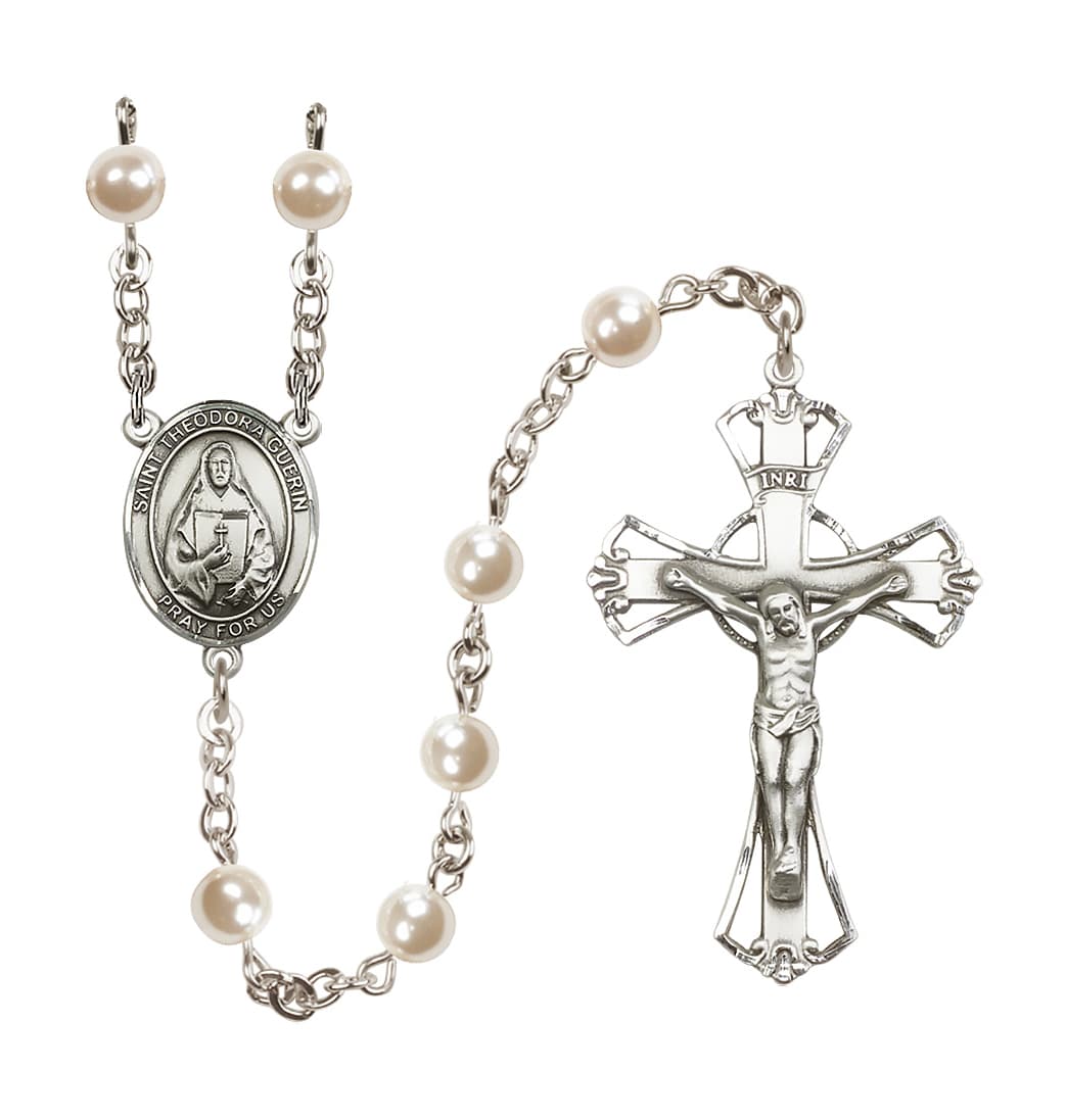 Bliss Manufacturing Silver Plated 6mm Cream, Imitation Pearl Saint Theodora Rosary,