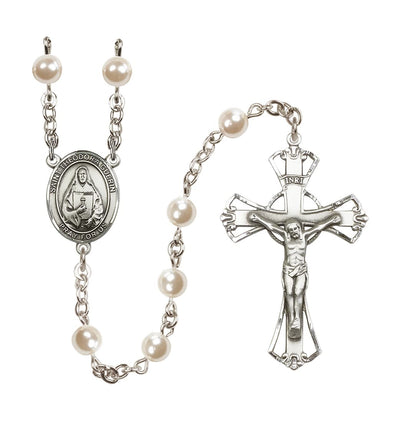 Silver Plated 6mm Cream, Imitation Pearl Saint Theodora Rosary with Pewter Centerpiece and Crucifix, Made in USA, Bliss Manufacturing