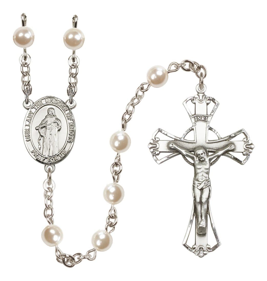 Bliss Silver Plated 6mm Cream, Imitation Pearl Our Lady the Undoer of Knots Rosary,