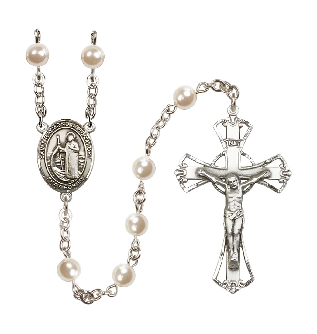 Bliss Silver Plated 6mm Cream, Imitation Pearl Saint Raymond of Penafort Rosary,