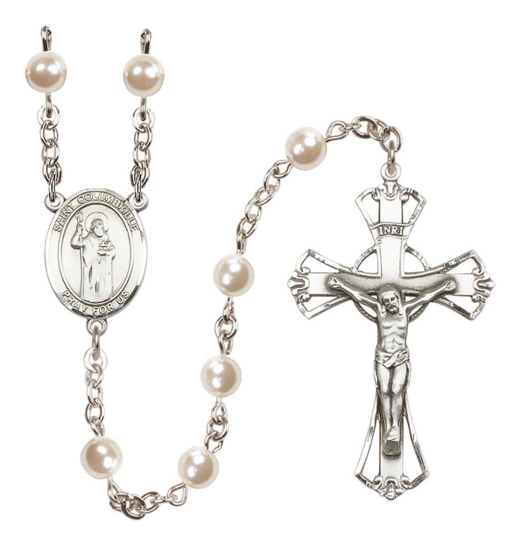 Bliss Silver Plated 6mm Cream, Imitation Pearl Saint Columbkille Rosary