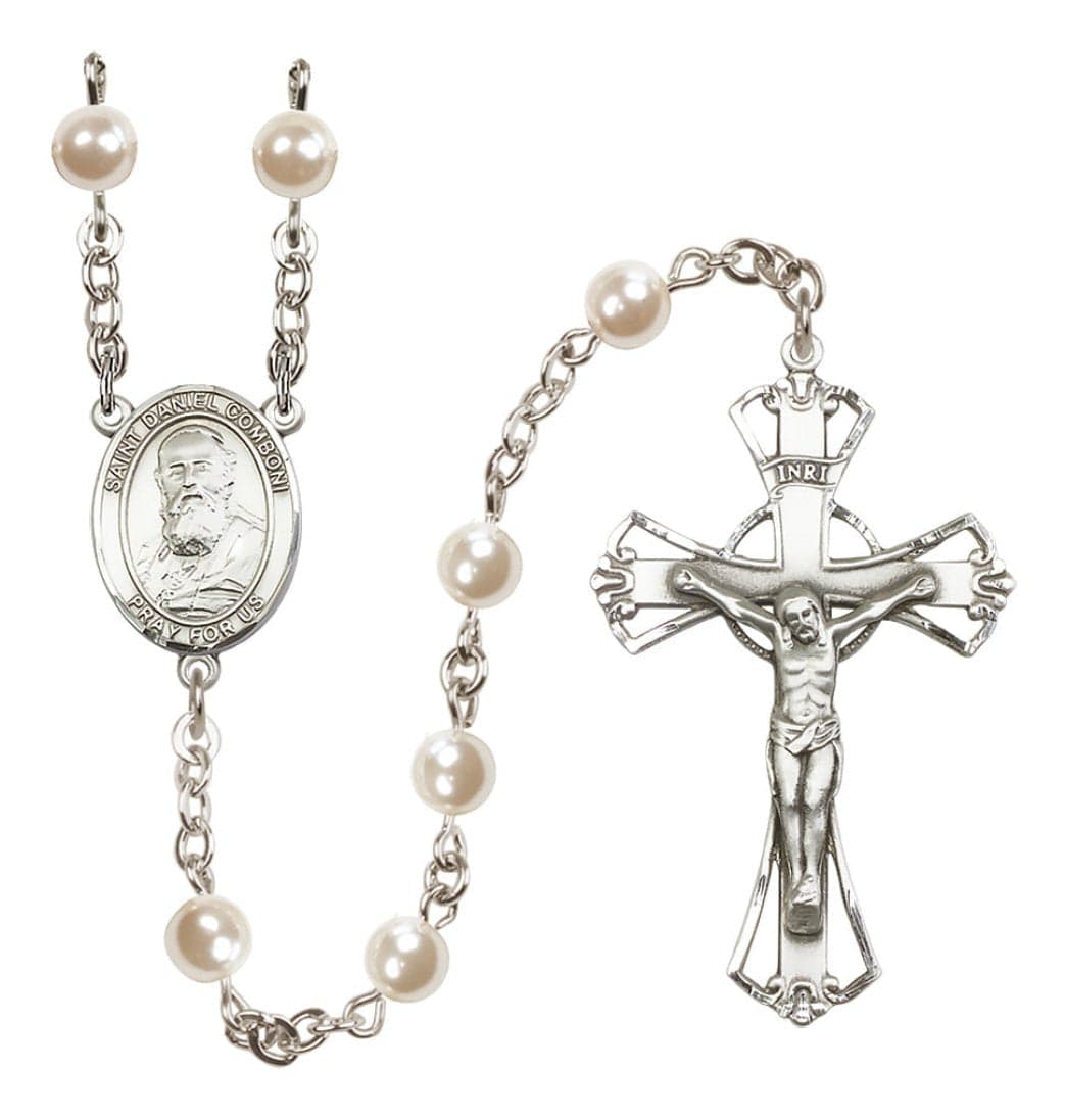 Silver Plated 6mm Cream, Imitation Pearl Saint Daniel Comboni Rosary