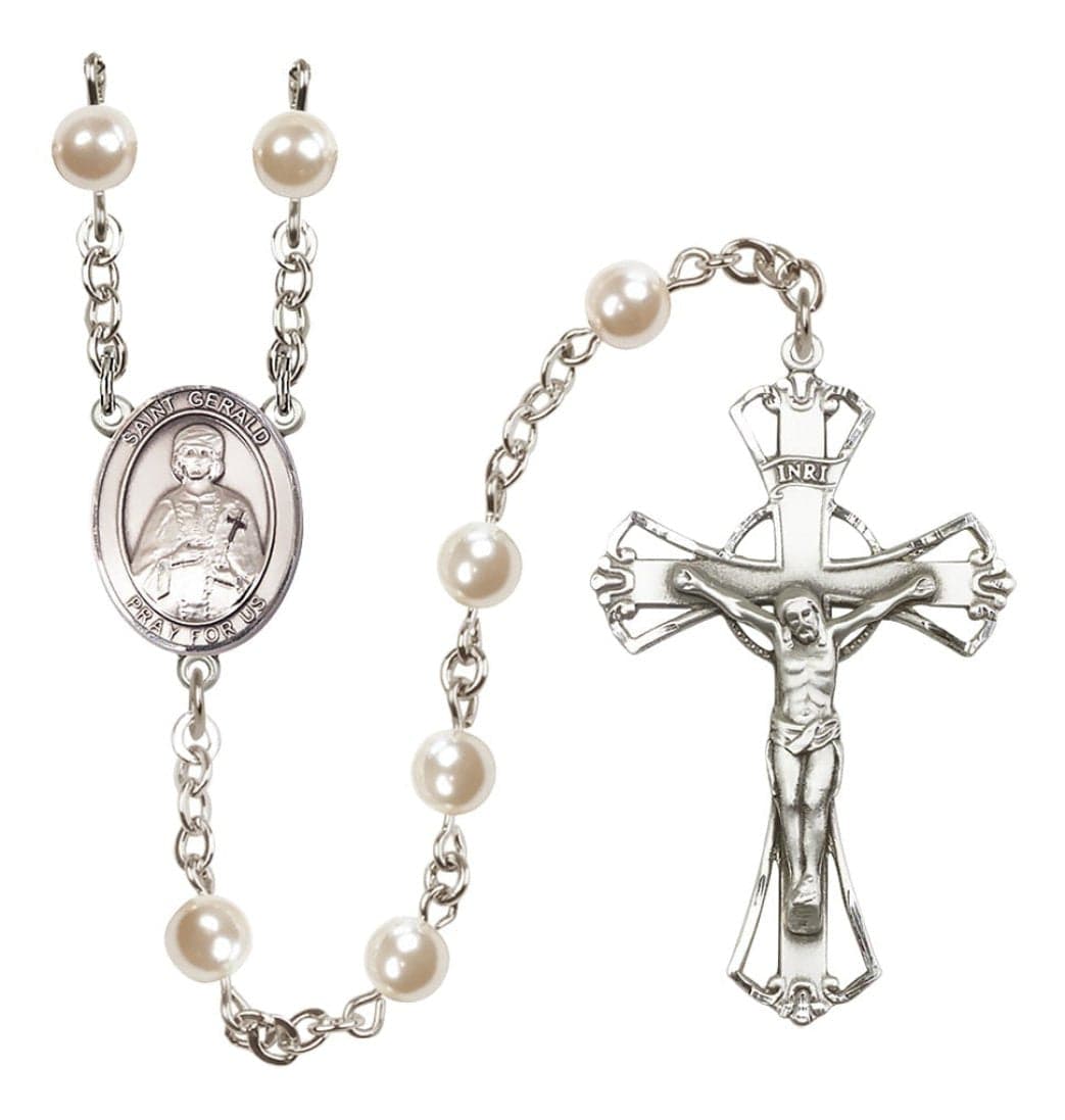 Bliss Silver Plated 6mm Cream, Imitation Pearl Saint Gerald Rosary,