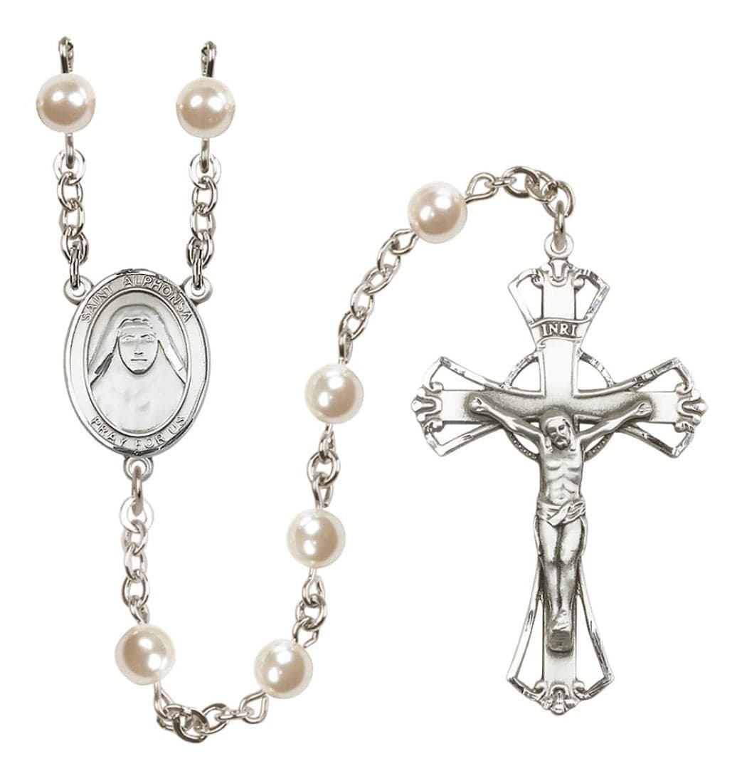 St Alphonsa of India 6mm Faux Pearl Silver-plated Rosary,